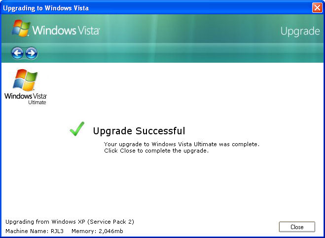 Vista Upgrade Success